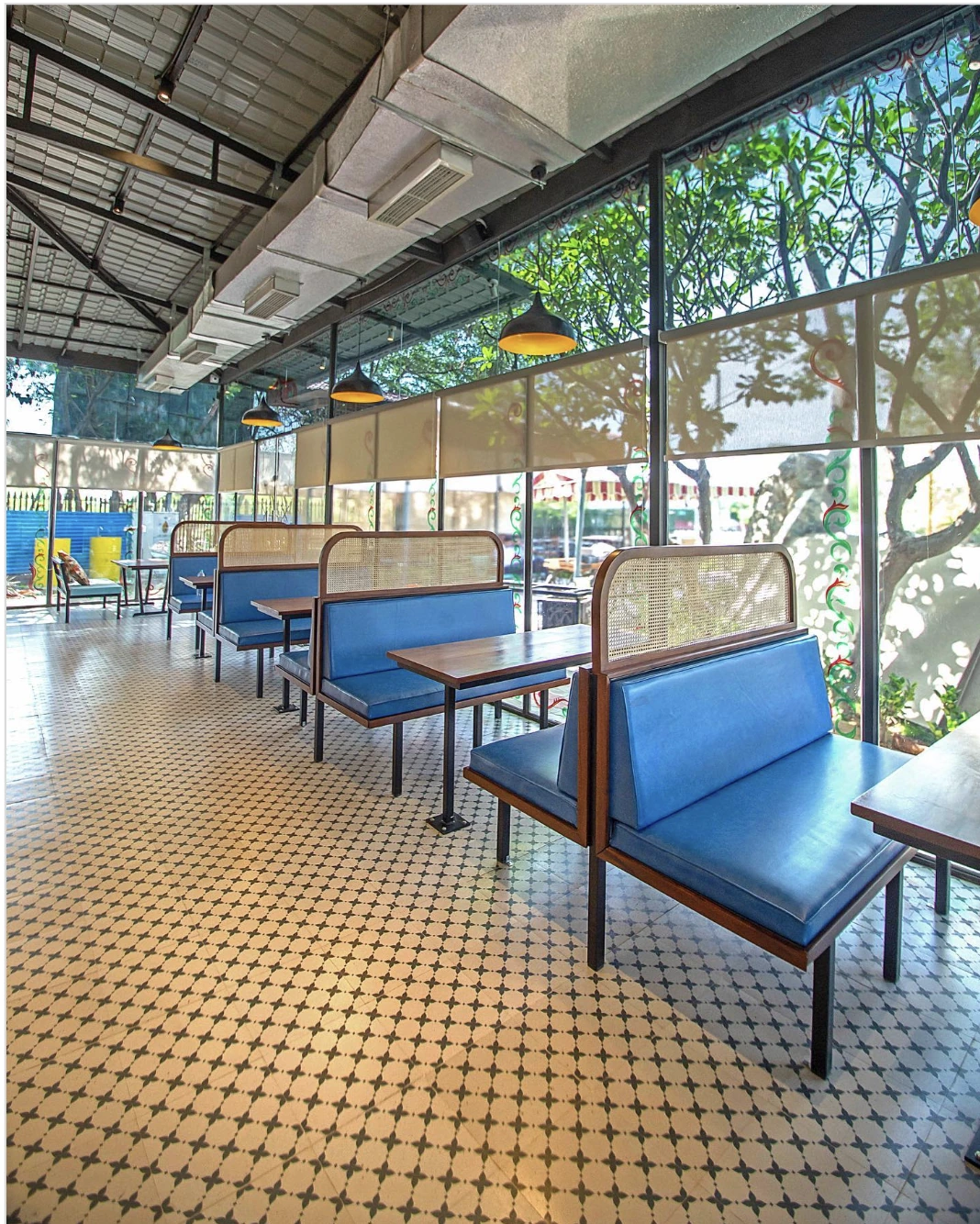 Booth seating, tiled floor