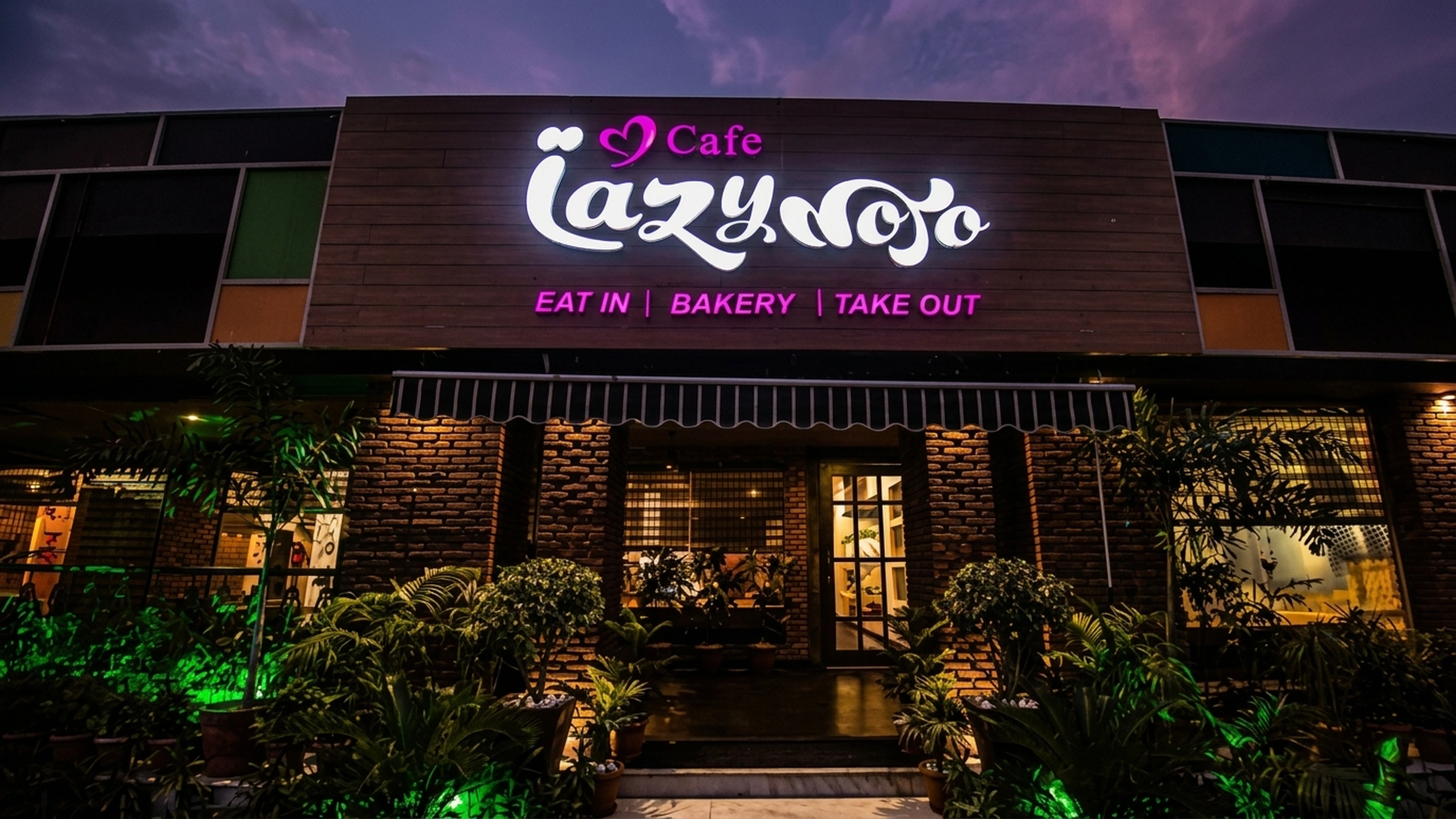 Cafe LazyMojo illuminated storefront and entrance
